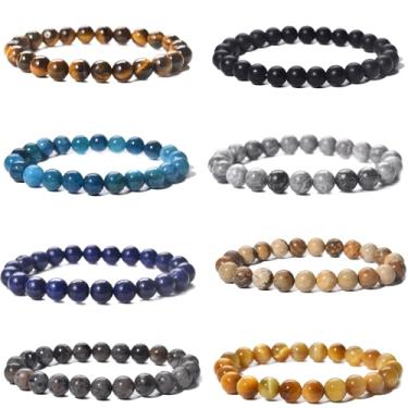 Imagem de Asingeloo Pulseiras masculinas com contas de pedra natural, conjunto de pulseiras elásticas semipreciosas de 8 mm, olho de tigre amarelo, pedra jaspe, ônix preto, lápis-lazúli azul, 18 cm, 7.09inch