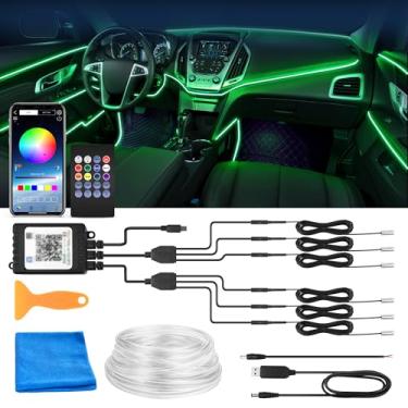 Imagem de MICTUNING Faixa de luz interna de LED para carro, 6 em 1, RGB multicolorido com kits de iluminação ambiente de fibra óptica de 990 cm com controle remoto e aplicativo, fita de luzes LED USB para carro