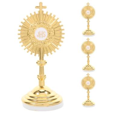 Imagem de Veemoon 4 peças crucifixo em pé católico, cruz de religião com mesa de base mini cruz decoração metal comunhão topo de bolo abençoado sacramento católico monstro cristo crucifixo, 6,3 cm ouro