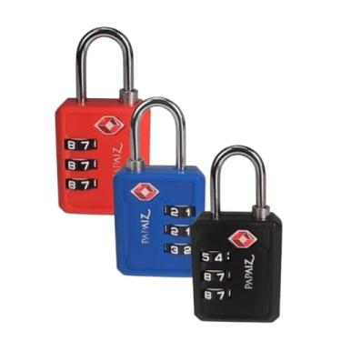 Imagem de Kit 3 Cadeados TSA com Segredo Numérico Modelo 30PL Preto, Azul, Vermelho para Mala e B...
