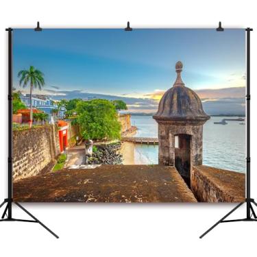 Imagem de DULUDA Pano de fundo de Porto Rico de 1,8 x 1,5 m de Porto Rico Decorações de festa San Juan Porto Rico Costa Caribenha ao longo do Paseo De La Princesa ao anoitecer fotografia estúdio adereços cabine