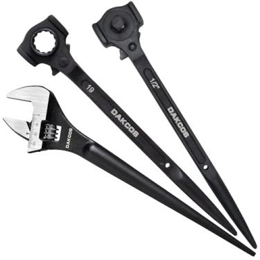 Imagem de DAKCOS Conjunto de 3 chaves de engate, chave de andaime de soquete duplo, catraca de cabeça dupla de 0,9 cm x 1,2 cm com cabeça de martelo e chave inglesa de 30,5 cm