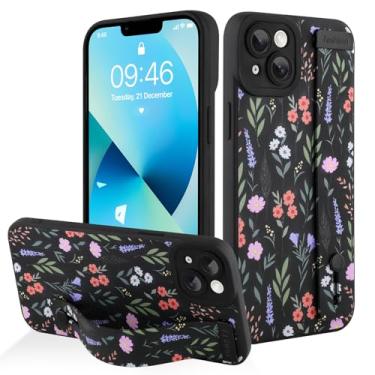 Imagem de AIGOMARA Capa para iPhone 13 com alça para mulheres e meninas, linda estampa de flores florais, capa protetora de silicone com suporte de faixa macia, preta