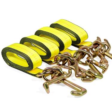 Imagem de 4 peças de tiras de amarração com ganchos, alças de caminhão de reboque de 2,4 m x 5 cm, 3 ganchos de corrente RTJ, amarração de guincho de caminhão resistente de 4,5 kg para transporte de