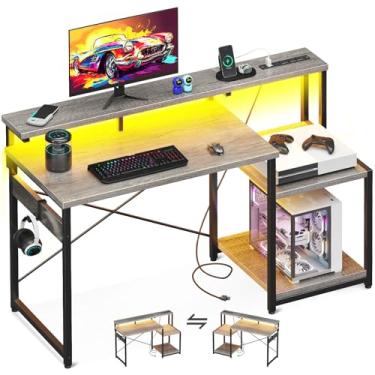 Imagem de AODK Mesa de computador, mesa de jogos de 121 cm com luzes LED e tomada, mesa de escritório com prateleiras de armazenamento, mesa reversível com prateleira para monitor e gancho para fone de ouvido