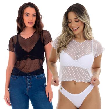 Imagem de Kit 2 Blusa Poá Manga Curtinha Tule Frimodas Transparente-Feminino