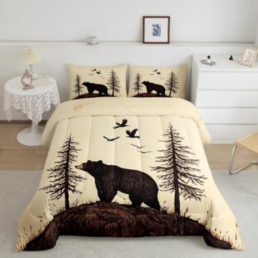 Imagem de Feelyou Jogo de cama queen rústico com urso, cabana, campestre infantil, para meninos, meninas, adolescentes, animais selvagens, marrom claro, respirável, macio e leve de microfibra