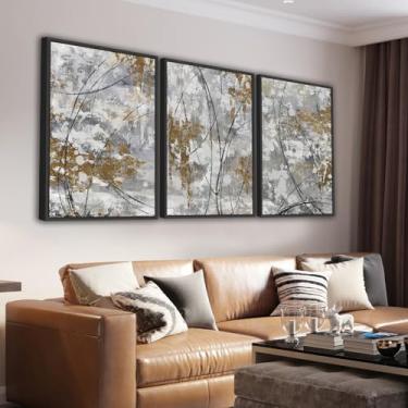 Imagem de Arte de parede abstrata emoldurada grande - Impressões de pintura geométrica rústica 40,6 cm x 61 cm Conjunto de 3 imagens modernas cinza marrom arte contemporânea em tela para sala de estar, quarto