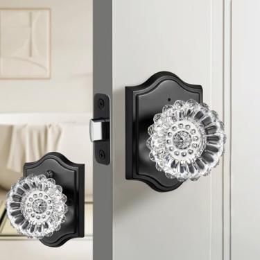 Imagem de Gaurqiah Maçaneta de porta de cristal interior com fechadura, maçaneta de vidro em forma de ameixa de privacidade preto fosco com trava de privacidade, maçaneta de cristal vintage para quarto,