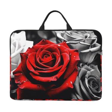 Imagem de Capa para laptop preta branca e vermelha com rosas vermelhas de 35,5 cm, bolsa de transporte para computador, à prova de choque, capa protetora para notebook, bolsa portátil para laptop à prova d'água