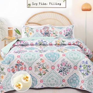 Imagem de Uspring Conjunto de colcha floral, tamanho casal/Queen, conjunto de cama com 3 peças, leve, macio, respirável, acolchoado, edredom de verão com 2 fronhas para todas as estações (verde, 224 cm x 246 cm