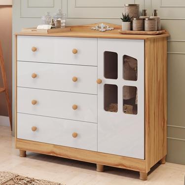 Imagem de Cômoda Infantil Elô New 1 Porta Com Janela E 4 Gavetas Branco Brilho/amêndoa - Móveis Peroba