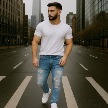 Imagem de Calça Jeans Skinny Rasgada Masculina Slim Sport Homem 486 - IRON, Azul