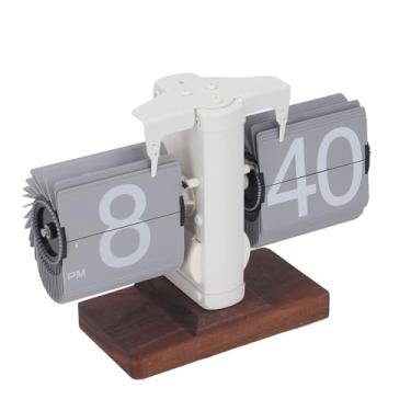 Imagem de Zhjvihx Relógio da Mesa Flip, Página Automática Girando o Relógio Digital PVC Aço Inoxidável Com Base de Madeira para Escritório (Páginas cinza da estrutura branca)