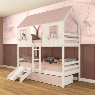 Imagem de Beliche Casinha Encantada com 02 Gavetas Kit Escada/ Escorregador Madeira Maciça Branco/ Rosa Megamobilia