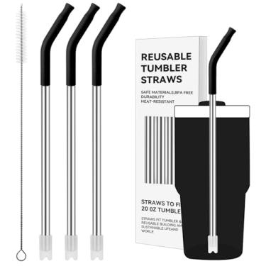 Imagem de Prurex Canudos de metal reutilizáveis com ponta de silicone para Stanley 590 ml, canudos de aço inoxidável para copo de 590 ml, 3 tubos retos e 6 pontas e 1 escova Cleanr (preto)