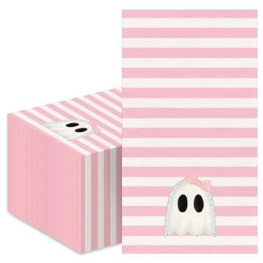 Imagem de Whaline Guardanapos de convidado fantasma de Halloween, 100 peças, listra rosa, guardanapo de papel fantasma, descartável, para jantar, toalha de mão, para banheiro, festa, suprimentos de mesa