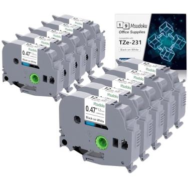 Imagem de Fita Tze TZ 12 mm 0,47 fita branca laminada compatível com Brother Label Maker Tape 12 mm 1/5.1 cm preto sobre branco para Ptouch PT PTD200 PTD410 D210 D220 D610 P710BT PTH110, pacote com 10