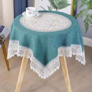 Imagem de Wuluwala Toalha de mesa quadrada pequena bordada de renda toalha de mesa de linho de algodão com macramê fazenda pequena capa de mesa para jantar, festa de casamento, decoração de casa, azul 104 x 104