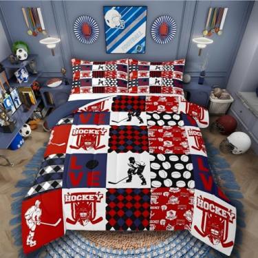 Imagem de Jogo de cama solteiro esportivo com bola de hóquei no gelo, temática de hóquei, jogos de hóquei, futebol europeu, bola e leque, vermelho, azul