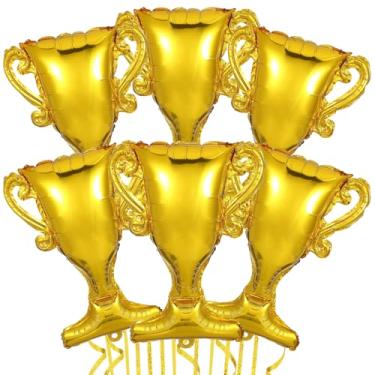 Imagem de 6 peças de decorações de troféu, balões de troféu, troféu, ouro, troféu, mylar, para aniversário, esporte, basquete, futebol, golfe, campeonato, jogo, futebol, festa, decoração, suprimentos