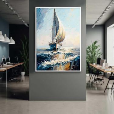 Imagem de Quadro com Moldura Pintura Barco Céu Azul Vertical Arte Decorativo Grande Sala Quarto Hall