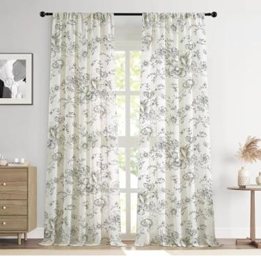 Imagem de Cortinas florais Farmhouse, 203 cm de comprimento, linho, filtragem, luz francesa, para sala de estar, quarto, bolso para varão, cortinas com estampa de flor de peônia preta, 2 painéis