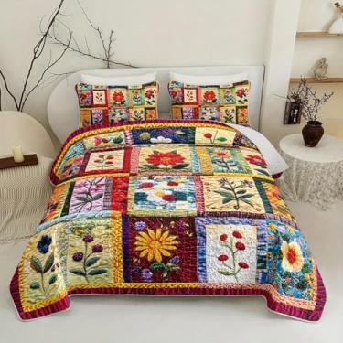 Imagem de Tuzaovy Conjunto de colcha de retalhos floral colorido, tamanho solteiro, para decoração de quarto de adolescentes e adultos, conjunto de colcha leve e floral, capa de cama boêmia, macia para