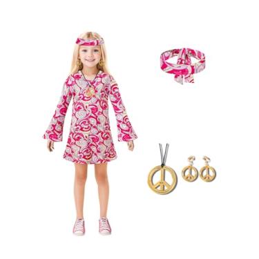 Imagem de MOMMY'S NEW MAN Vestido hippie infantil para meninas dos anos 60 e 70 com flores de Halloween, discoteca, paz e amor, rosa, 6T