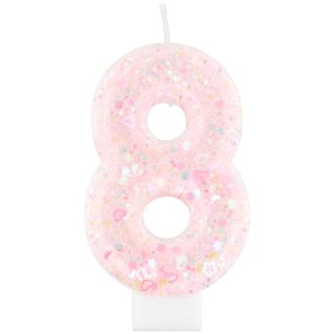 Imagem de iNINGER Velas com número de aniversário, número 8 com glitter rosa, topo de bolo com velas de aniversário para meninas e mulheres, lembrancinhas de aniversário