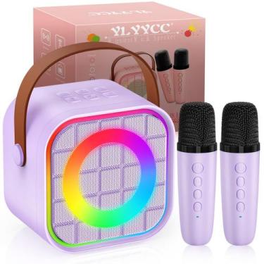 Imagem de Máquina de karaokê YLYYCC Mini com 2 microfones sem fio roxa