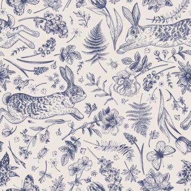 Imagem de Papel de parede azul desenhado à mão, 45 cm x 300 cm, papel de parede de folha de flor de borboleta coelho, papel de parede autoadesivo removível de vinil para banheiro, cozinha, quarto, sala de