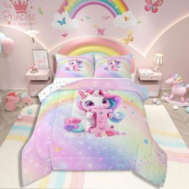 Imagem de Jogo de cama casal para meninas, arco-íris, rosa, unicórnio fofo, reversível, galáxia, estrelas, edredom com letra I, adolescentes, crianças, desenho animado, unicórnio, decoração de quarto