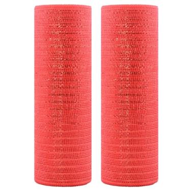 Imagem de Acekit Fita de malha de poliéster vermelha Deco com folha metálica 25,4 cm x 9,1 m cada rolo para grinaldas, laços de embrulho e projetos de decoração - vermelho + vermelho