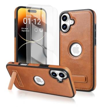 Imagem de Korecase Capa de couro para iPhone 16 Plus com suporte à prova de choque para iPhone 16Plus, suporte invisível embutido e protetor de tela para Apple 16 Plus de 6,7 polegadas, marrom