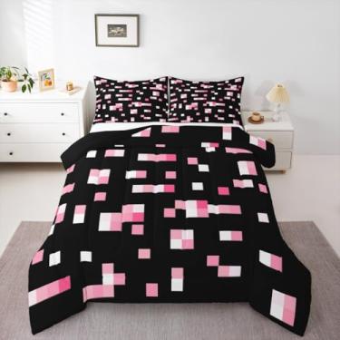 Imagem de Castle Fairy Conjunto de edredom rosa geométrico, tamanho casal, tema mineiro, 3 peças, para decoração de quarto de crianças, adolescentes e mulheres, conjunto de edredom acolchoado estilo pixelado, 2