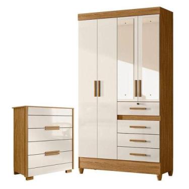 Imagem de Guarda Roupa Solteiro Sobral Com Espelho E Cômoda Dhara Freijó Off Whi