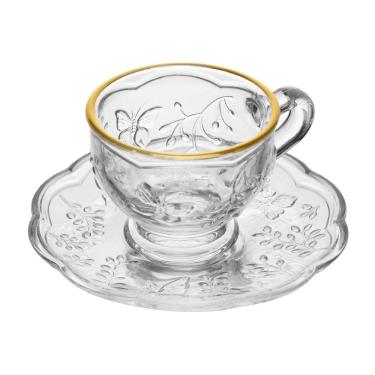 Imagem de Xícara P/Chá C/Pires de Cristal New Butterfly Transparente C/Fio de Ouro 180ml Lyor