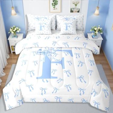 Imagem de Erosebridal Conjunto de edredom solteiro princesa com letra A-Z, 7 peças, monograma sonhador, arco F em uma bolsa, azul coquete, letra, arcos, aquarela, estética, conjunto de cama
