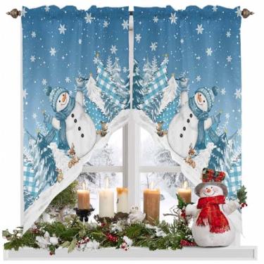 Imagem de Cortinas de Natal boneco de neve swag sanefas de inverno árvore de Natal flocos de neve gradiente azul haste bolso cortinas de cozinha recortado tratamento de janela sanefas para sala de estar quarto