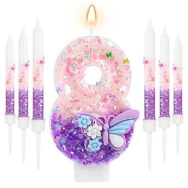 Imagem de AKURIEEY Borboleta 8º aniversário vela roxa número 8 com 6 peças velas longas para meninas, enfeite de bolo, decoração de cupcake, decoração de festa, aniversário, celebrações, suprimentos