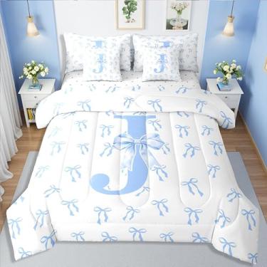 Imagem de Erosebridal Jogo de cama casal de 7 peças com laço azul e laço e letra J, azul kawaii, para crianças, adolescentes, contos de fadas