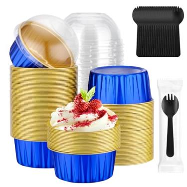 Imagem de EUSOAR Mini formas de bolo com tampas e garfos embrulhados individualmente, 120 peças de 142 g creme brulee ramekins descartáveis para cupcake, forros de cupcake de folha de ramequins para muffin de