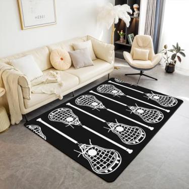 Imagem de Erosebridal Tapete de área de lacrosse 1,80 m x 1,28 m, tapetes de sala de estar para jogos esportivos de lacrosse para crianças, meninos, meninas, preto e branco, tapete decorativo de lacrosse para