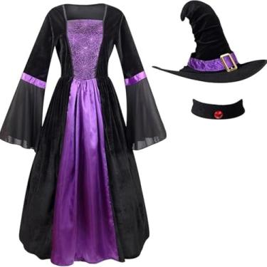 Imagem de AGCOAH Wicked Witch Women Costume Evil Vintage Witchy Dress Adult Spider Sorceress Outfit 3PCS Halloween Witch Cosplay Spider Purple S