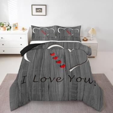 Imagem de Erosebridal Jogo de cama Queen I Love You, conjunto de edredom de madeira simples, presente romântico de dia dos namorados, edredom de plumas, corações de amor