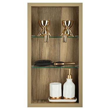 Imagem de Nicho Vertical em Porcelanato Polido (Madeirado) - 2 Prateleiras de Vidro, Borda em Alumínio, 60x30x11 cm, Para Banheiro, Organizador de Produtos de Higiene