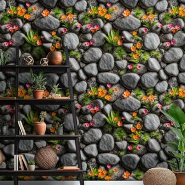 Imagem de ESSMOKO Papel de parede pastoral estilo de parede de pedra PVC impermeável autoadesivo decoração de quarto decoração de móveis sombra de flores entre cascalhos 45 * 300 cm