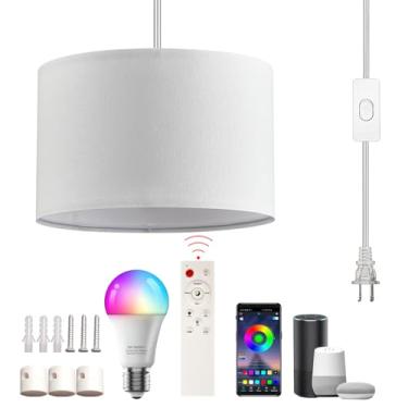 Imagem de XINGZHI Luminária Pendente Com Plugue, Luminária Suspensa Com Lâmpada Inteligente Rgb, Luzes Suspensas Com Cabo De Plugue, Luzes Suspensas Para Quarto, Cozinha, Sala De Estar, Sala De Jantar, Luminá