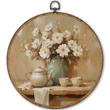 Imagem de TLESKE Bule de chá floral vintage redondo decoração de parede emoldurada para cozinha sala de jantar 25,5 x 25,4 cm, arte de parede rústica francesa, arte de parede, arte de parede, decoração de porta